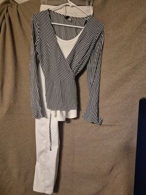 H&M Black & White Striped V-Neck Wrap Top